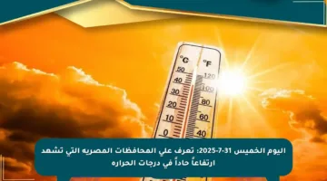 اليوم الخميس 31-7-2025: تعرف على المحافظات المصرية التي تشهد ارتفاعاً حاداً في درجات الحرارة